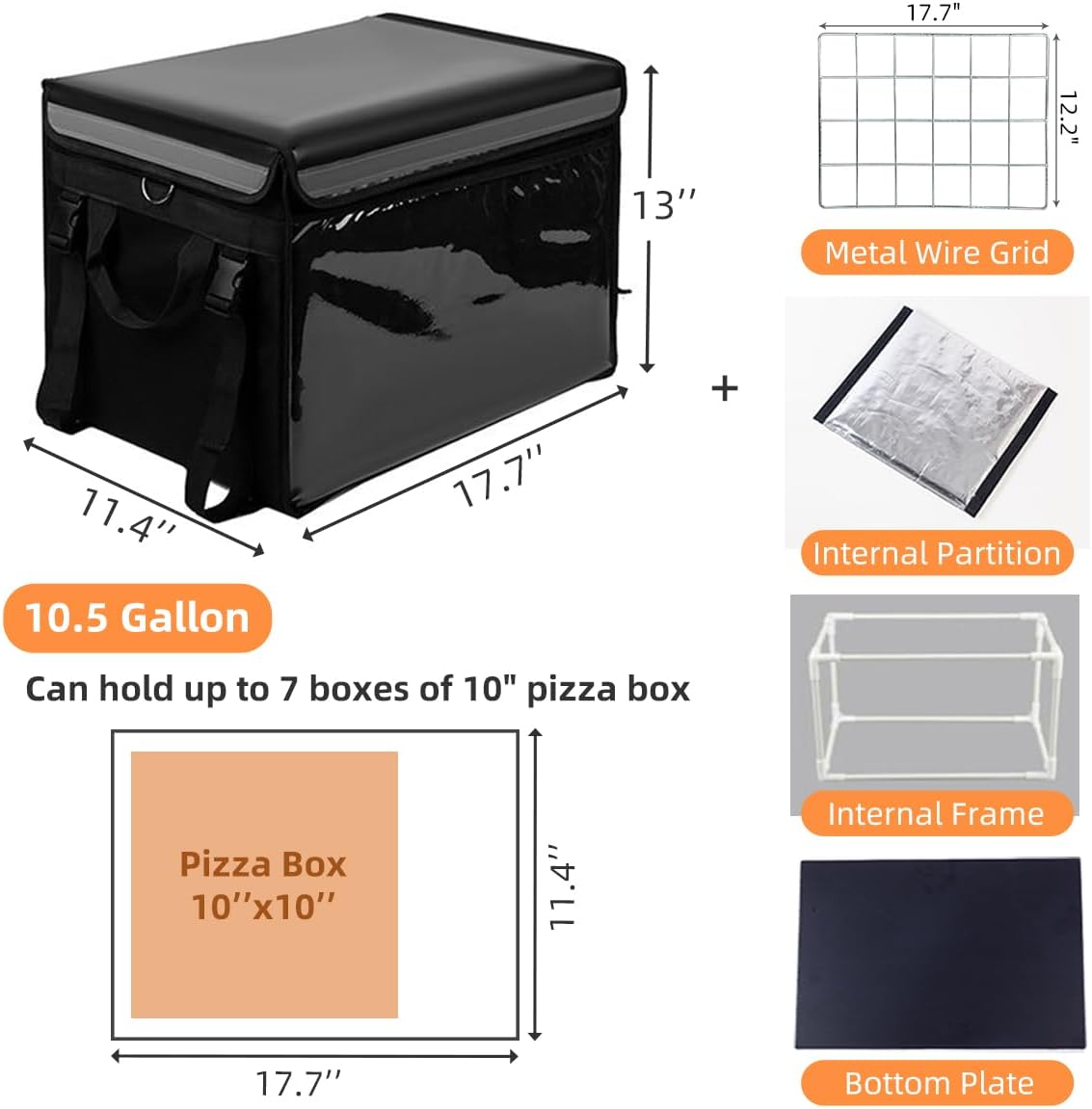 Large Insulated Food Delivery Bag with Fixed Base and Internal Frame, L-17.7"x11.4"x13", Commercial Insulated Food Delivery Bag w/ Divider, Waterproof & Foldable Catering Bag Food Deliveries, Black
