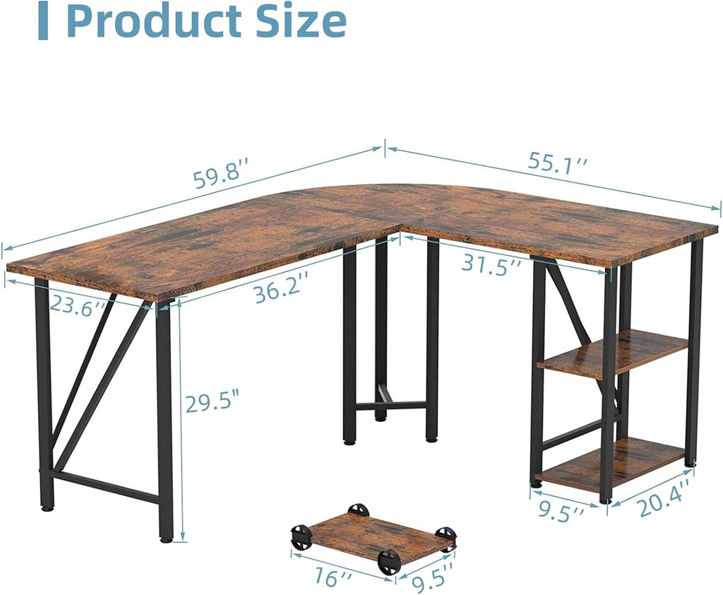 60" L Shaped Computer Desk with Shelves, Coputer Tower Stand, Rounded Corner - Reversible Office Desk with Storage Rack, Large Home Office Desk, L Desk for Home Office, Brown