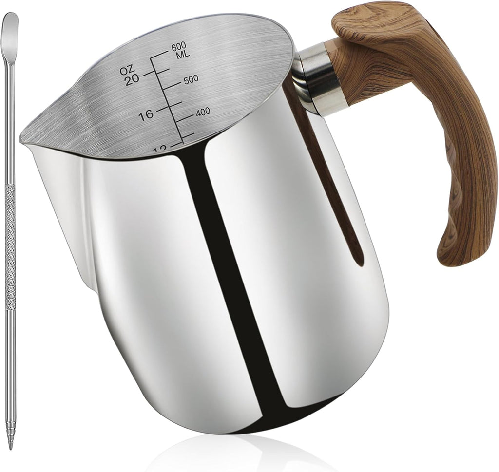 Milk Frothing Pitcher 20 OZ (600ML), Espresso Steaming Pitchers with Anti-scald Handle, Milk Frother Cup Stainless Steel for Coffee Cappuccino Latte Art, Milk Steamer Cup Coffee Milk Pitcher