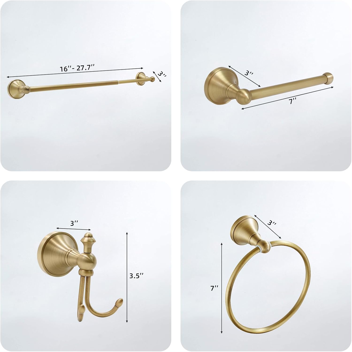 4 Piece Antique Brass Gold Bathroom Towel Bar Set - Toocust 16"-27.7" Adjustable Towel Bar for Bathroom, Wall Mounted Antique Brass Bathroom Hardware, Antique Brass Towel Holder