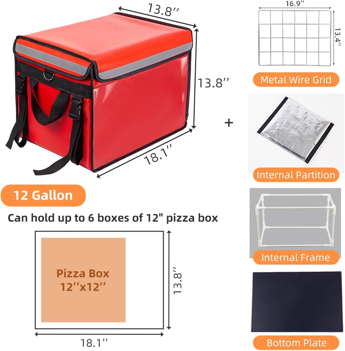 Large Insulated Food Delivery Bag with Fixed Base and Internal Frame, XL-18.1"x13.8"x13.8", Commercial Insulated Food Delivery Bag w/ Divider, Waterproof Foldable Catering Bag Food Deliveries, Red