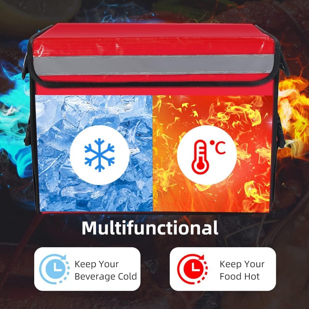 Large Insulated Food Delivery Bag with Fixed Base and Internal Frame, XL-18.1"x13.8"x13.8", Commercial Insulated Food Delivery Bag w/ Divider, Waterproof Foldable Catering Bag Food Deliveries, Red