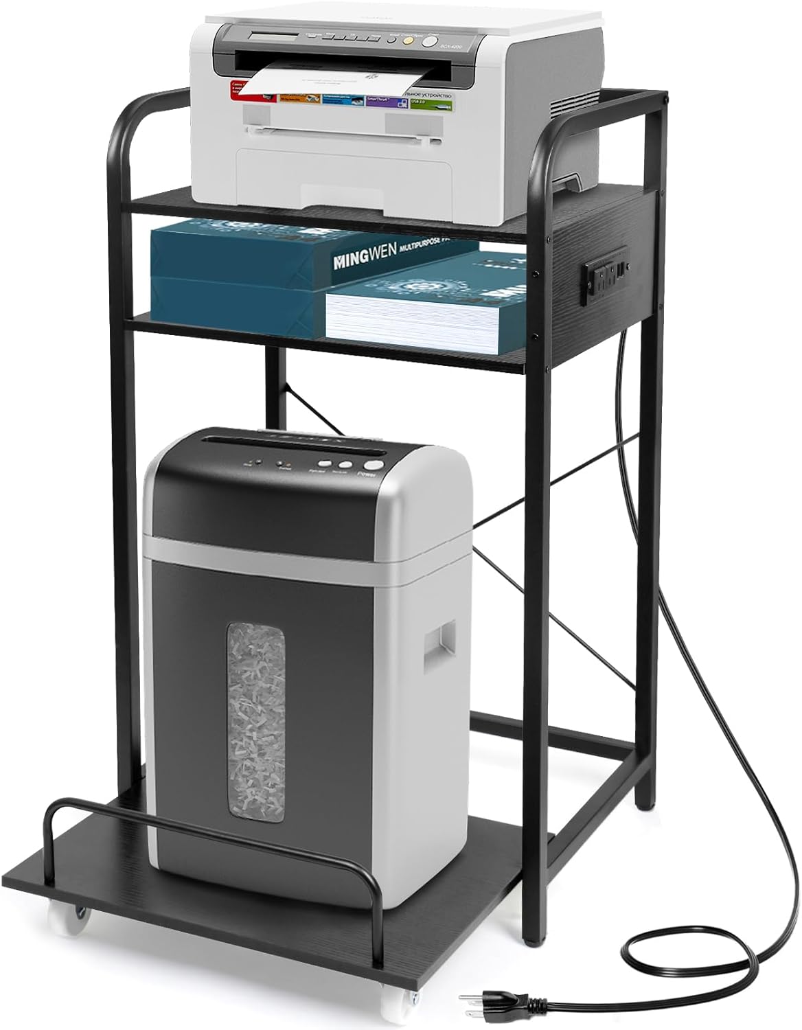 3-Tier Printer Stand with Pull out Shelf for Shredder,20" L x 14" W x 34" H Floor-Standing Desk Side Shredder Stand,Printer Stand with Storage and Power Outlet,Office Storage Shelf Rack for Fax