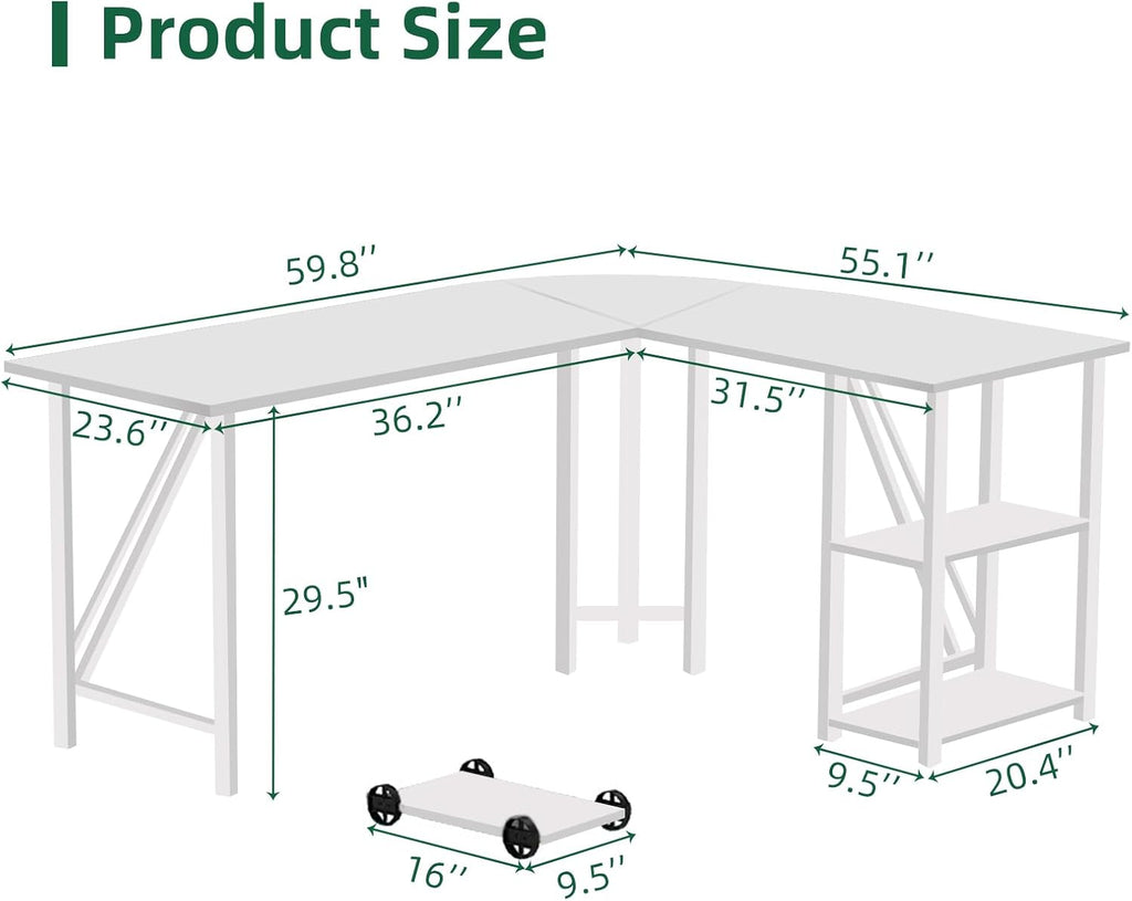60" L Shaped Computer Desk with Shelves, Coputer Tower Stand, Rounded Corner - Reversible Office Desk with Storage Rack, Large Home Office Desk, L Desk for Home Office, White