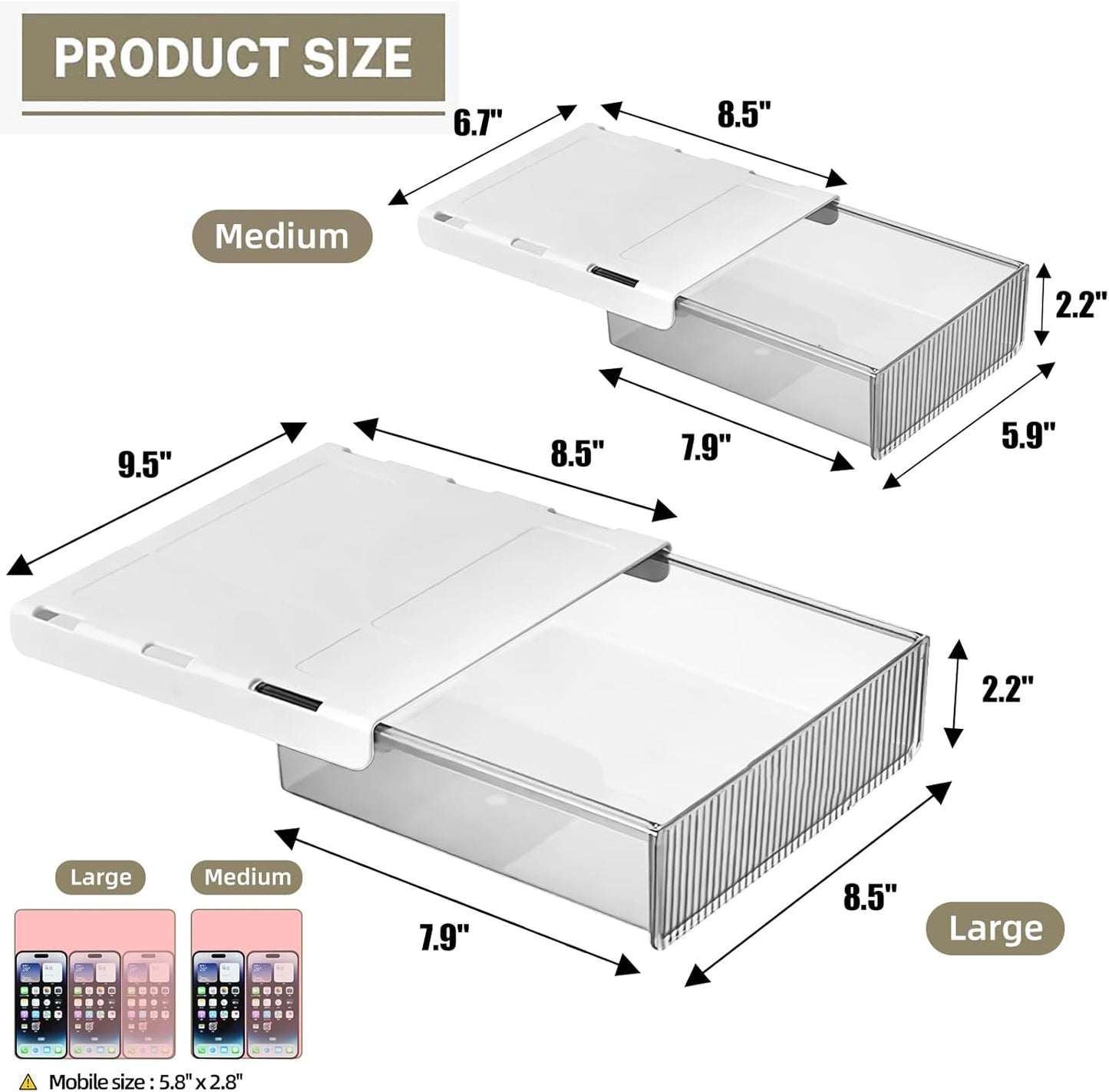 2Pcs Under Desk Storage Drawers Slide Out,Large&Medium,Stick On Desk Drawer Under Desk,Under Desk Organizer Hidden Under Table Drawer for Home Office School Organization and Storage-Transparent White