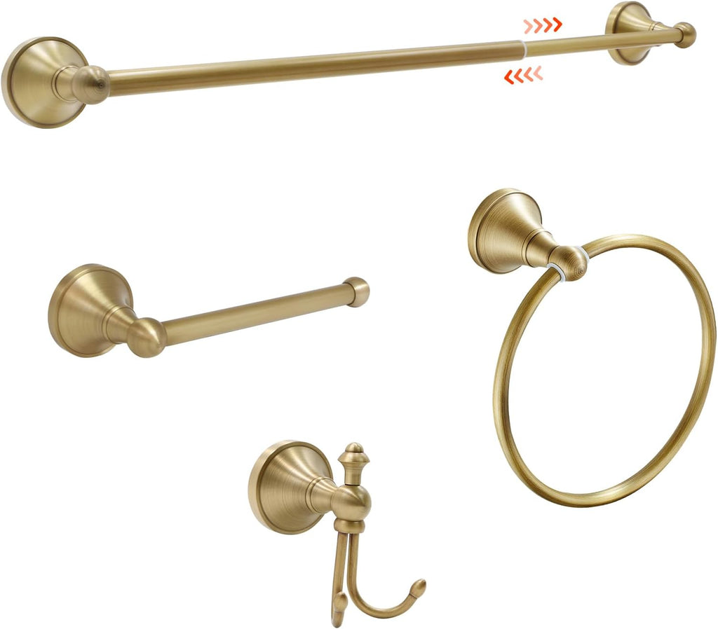 4 Piece Antique Brass Gold Bathroom Towel Bar Set - Toocust 16"-27.7" Adjustable Towel Bar for Bathroom, Wall Mounted Antique Brass Bathroom Hardware, Antique Brass Towel Holder