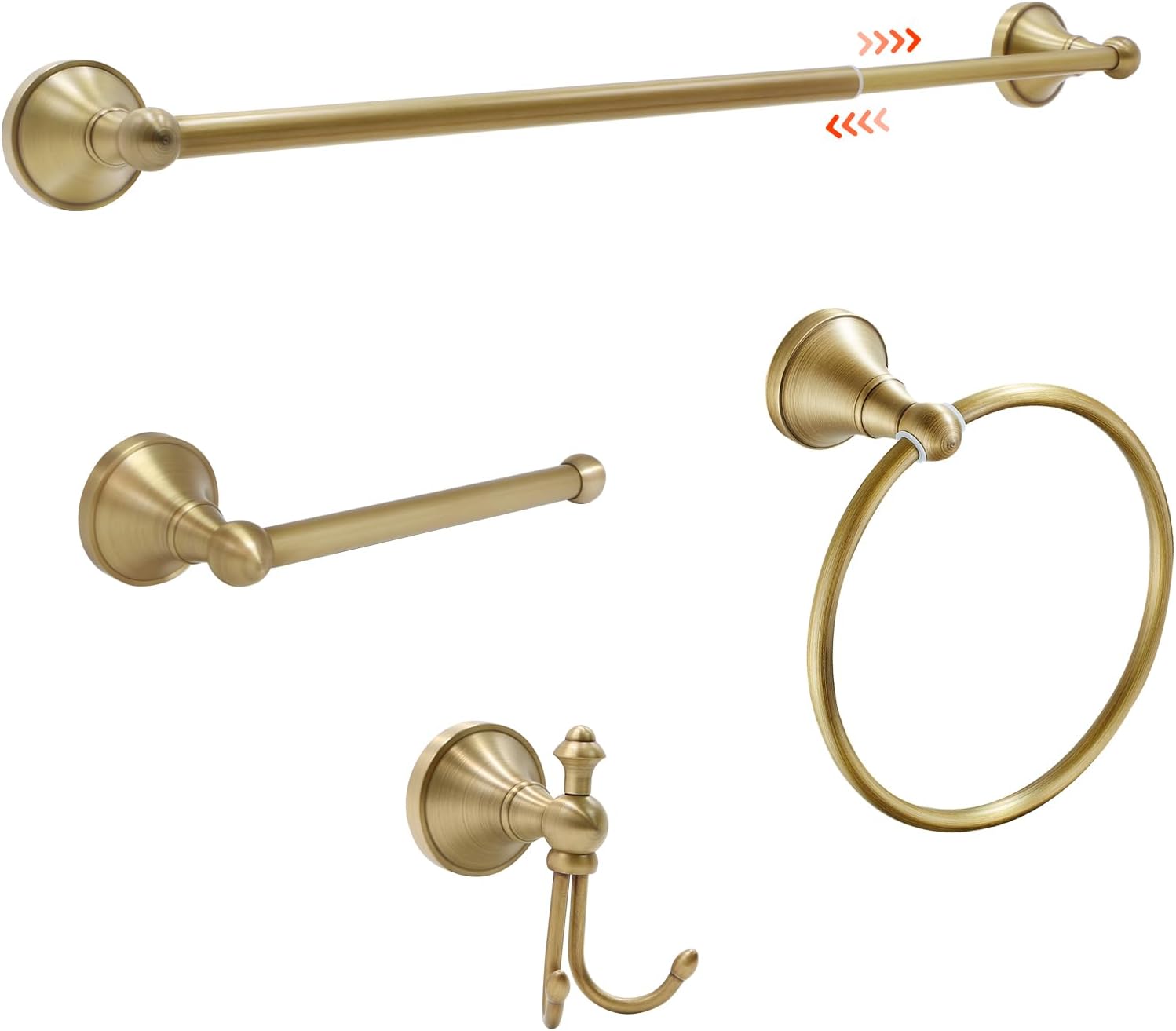 4 Piece Antique Brass Gold Bathroom Towel Bar Set - Toocust 16"-27.7" Adjustable Towel Bar for Bathroom, Wall Mounted Antique Brass Bathroom Hardware, Antique Brass Towel Holder