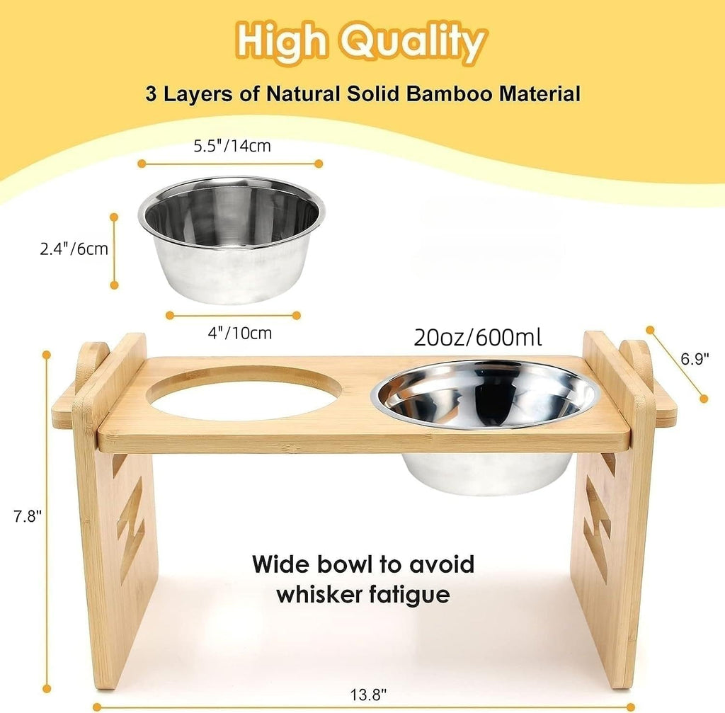 Elevated Dog Bowls for Small Dogs and Cats, Fluff Trough Adjustable Dog Bowls Stand 6 Heights 2" to 7", 15° Tilted Bamboo Dog Dishes, Wooden Dog Bowls Elevated with 2 Stainless Steel Bowls