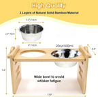 Elevated Dog Bowls for Small Dogs and Cats, Fluff Trough Adjustable Dog Bowls Stand 6 Heights 2" to 7", 15° Tilted Bamboo Dog Dishes, Wooden Dog Bowls Elevated with 2 Stainless Steel Bowls