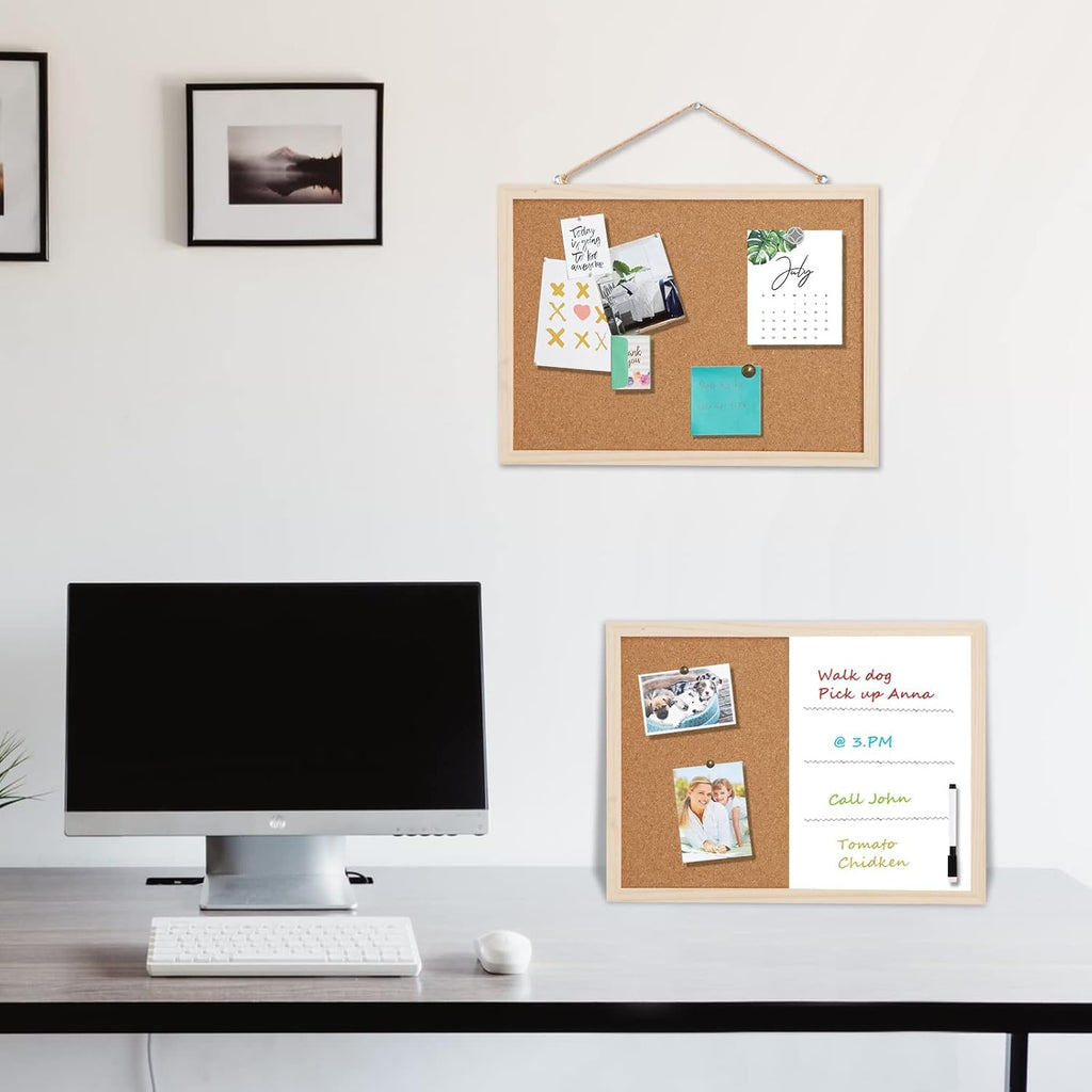 2 Pack Bulletin Board 16”x12” (1 Cork Board + 1 Cork Whiteboard Combo), Hanging Cork Board for Walls with Wood Frame, Notice Board Vision Board for Display Schedules Photos & Memos
