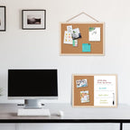 2 Pack Bulletin Board 16”x12” (1 Cork Board + 1 Cork Whiteboard Combo), Hanging Cork Board for Walls with Wood Frame, Notice Board Vision Board for Display Schedules Photos & Memos