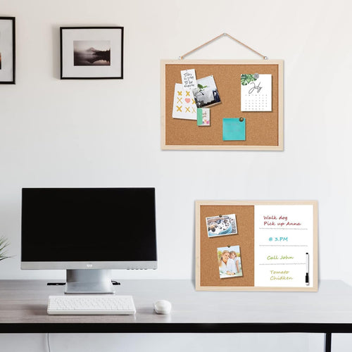 2 Pack Bulletin Board 16”x12” (1 Cork Board + 1 Cork Whiteboard Combo), Hanging Cork Board for Walls with Wood Frame, Notice Board Vision Board for Display Schedules Photos & Memos
