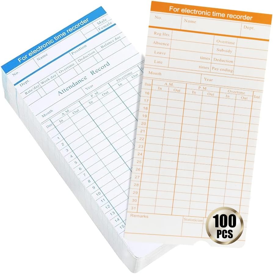 100-Piece Time Cards for Employees, Monthly Time Cards 2-Sided, 2-Color Timecards for Time Clocks, Blue/Orange Print, 7-3/8 x 3-3/8 Inch