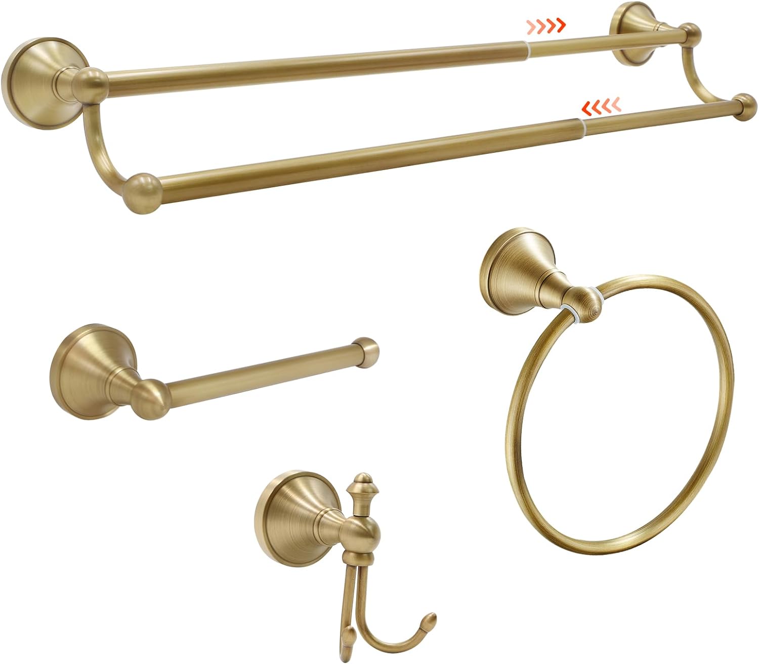 4 Piece Antique Brass Gold Bathroom Towel Bar Set - Toocust 16"-27.7" Adjustable Towel Bar for Bathroom, Wall Mounted Antique Brass Bathroom Hardware, Antique Brass Towel Holder