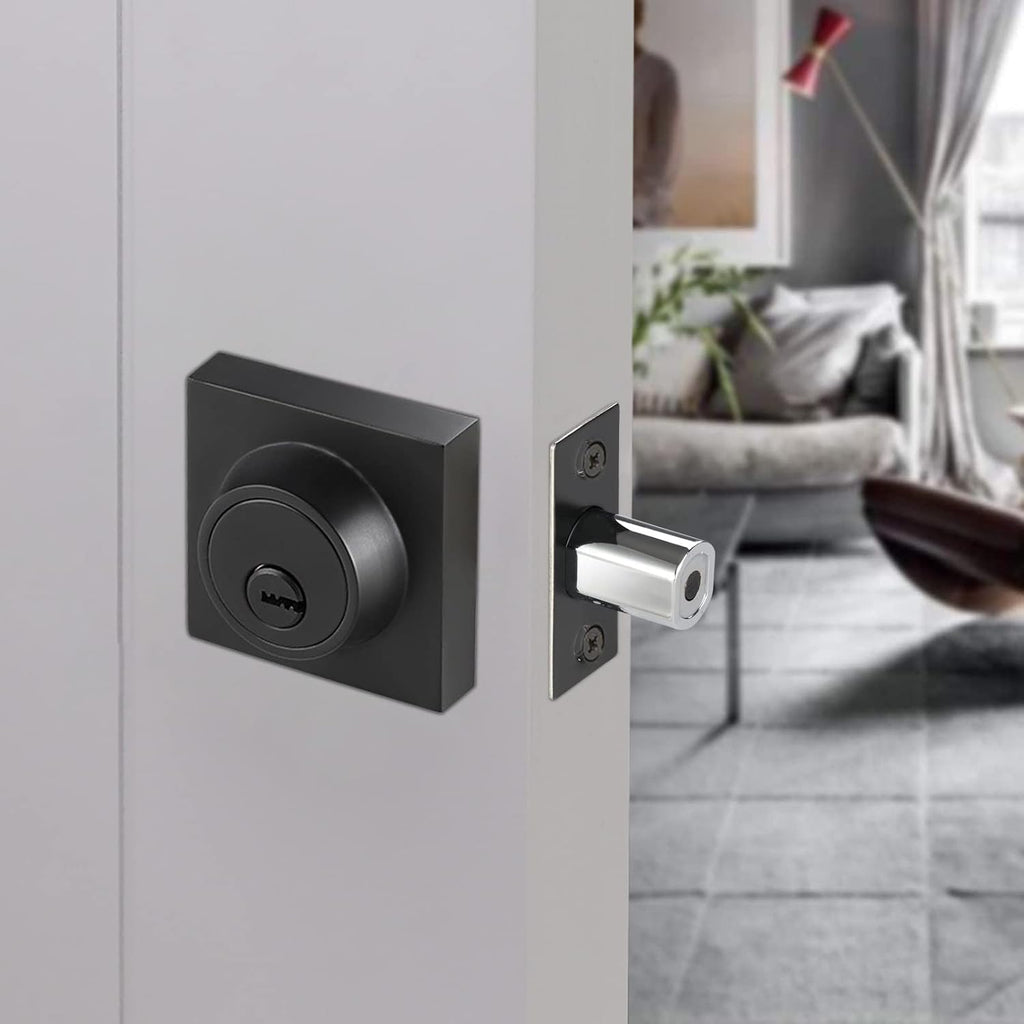 Square Single Cylinder Deadbolt, Modern Deadbolt Lock with Keys, Door Locks with Deadbolt, Matte Black Deadbolt for Front Door Entrance, Front Door Security Lock, Keyed 1 Side