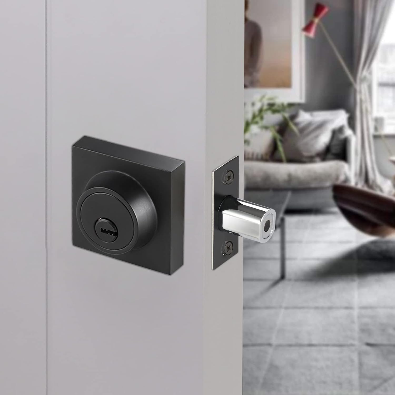 Square Single Cylinder Deadbolt, Modern Deadbolt Lock with Keys, Door Locks with Deadbolt, Matte Black Deadbolt for Front Door Entrance, Front Door Security Lock, Keyed 1 Side