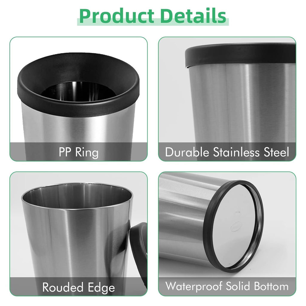 12 L / 3 Gallon Stainless Steel Trash Can, Round Small Metal Trash Can 2 Pack, No Lid, 8.5" x 10" x 12", Modern Garbage Can Open Top, Silver Bathroom Trash Can for Kitchen, Bedroom, Home Office