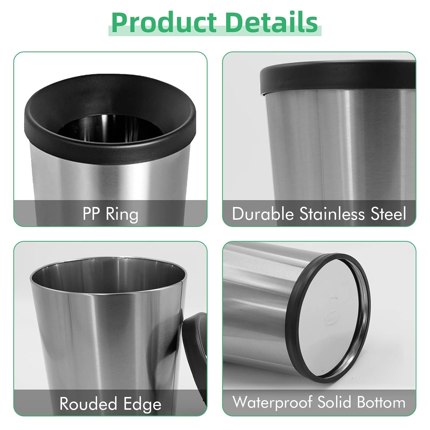 12 L / 3 Gallon Stainless Steel Trash Can, Round Small Metal Trash Can 2 Pack, No Lid, 8.5" x 10" x 12", Modern Garbage Can Open Top, Silver Bathroom Trash Can for Kitchen, Bedroom, Home Office