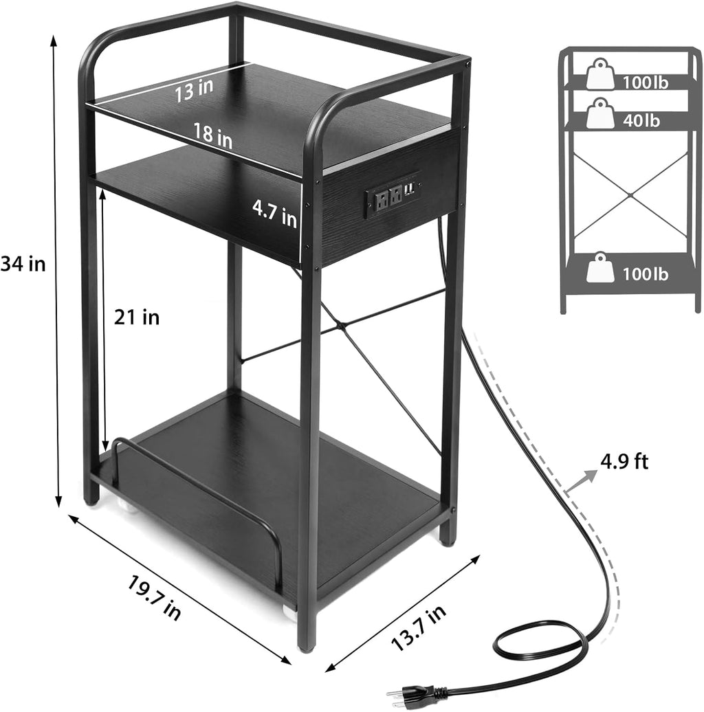 3-Tier Printer Stand with Pull out Shelf for Shredder,20" L x 14" W x 34" H Floor-Standing Desk Side Shredder Stand,Printer Stand with Storage and Power Outlet,Office Storage Shelf Rack for Fax