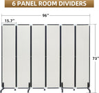 Room Divider with Wheels Solid Bamboo Panels 6 Feet Tall Extra Wide, Noise Reducing & Durable Office Partition, 6 Panel Large Room Screen Divider Freestanding for Home Office School, 96" W x 73" H
