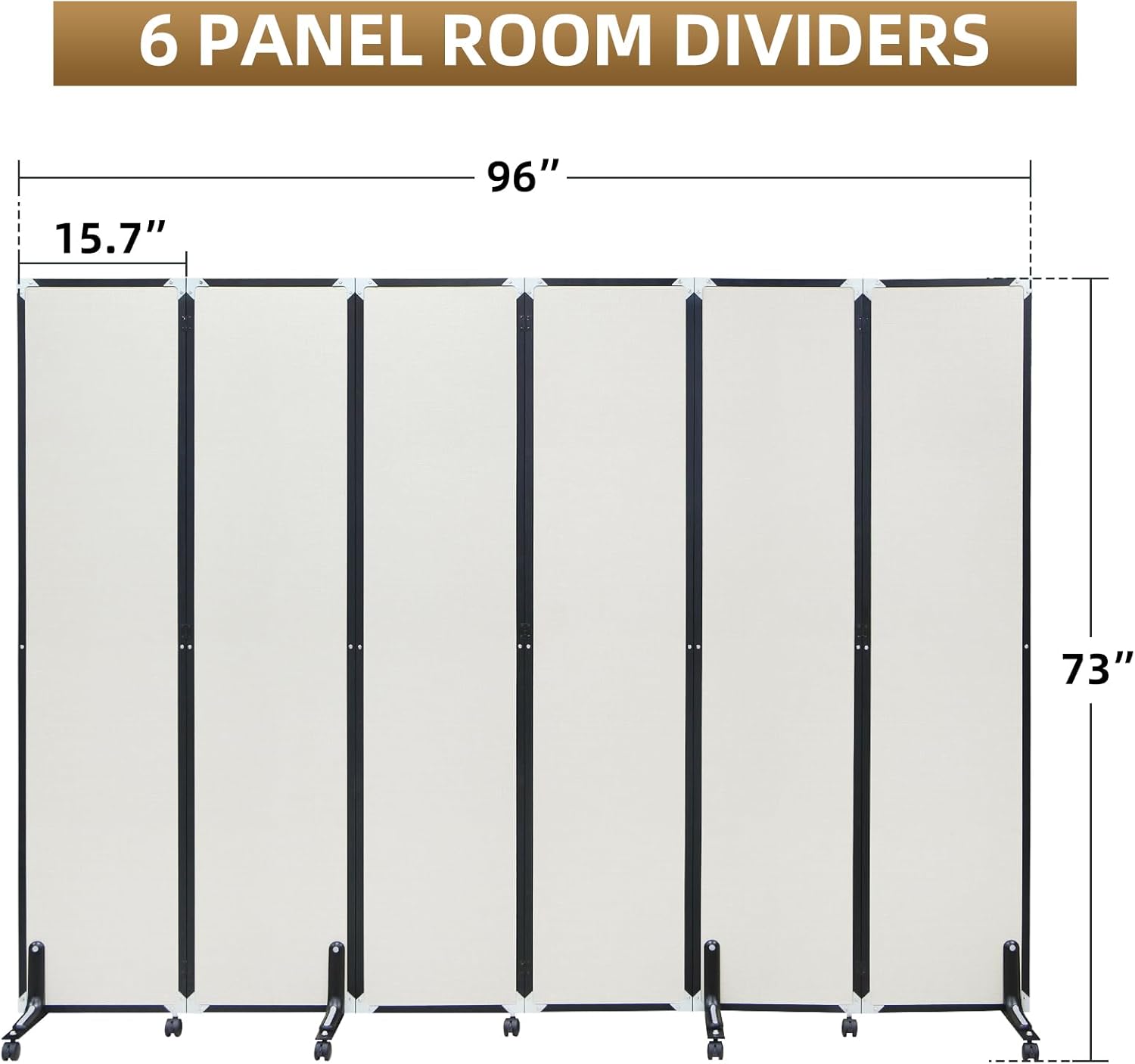 Room Divider with Wheels Solid Bamboo Panels 6 Feet Tall Extra Wide, Noise Reducing & Durable Office Partition, 6 Panel Large Room Screen Divider Freestanding for Home Office School, 96" W x 73" H