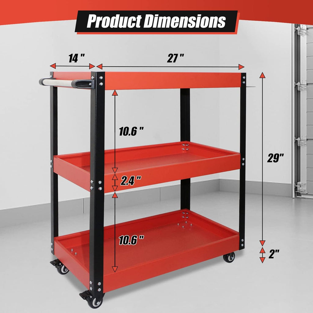 TooCust Tool Cart on Wheels, 500 LBS Capacity, Heavy Duty Metal Mechanic Cart with Screwdriver Shelf, Rolling Mechanics Tool Cart, 3 Tier Heavy Duty Utility Cart Service Cart
