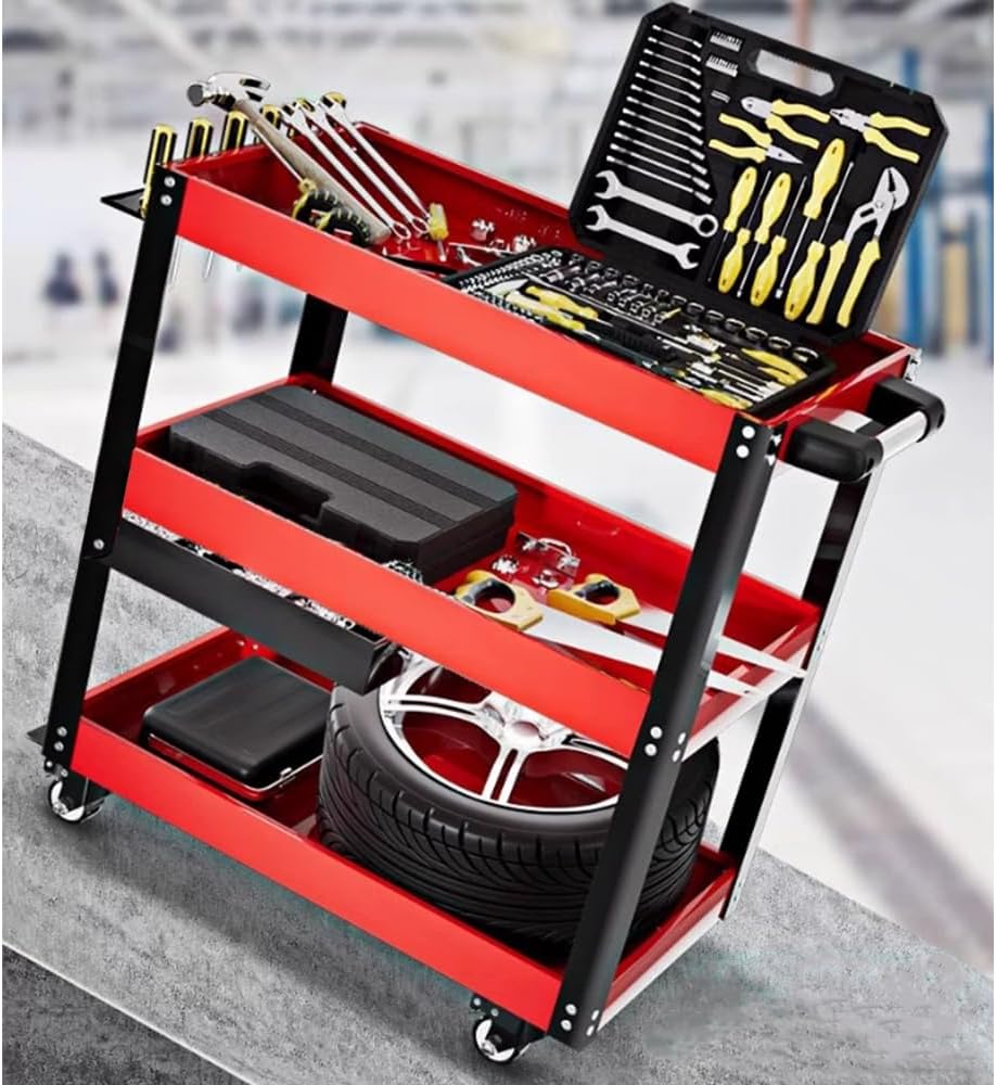 TooCust Tool Cart on Wheels, 500 LBS Capacity, Heavy Duty Metal Mechanic Cart with Screwdriver Shelf, Rolling Mechanics Tool Cart, 3 Tier Heavy Duty Utility Cart Service Cart