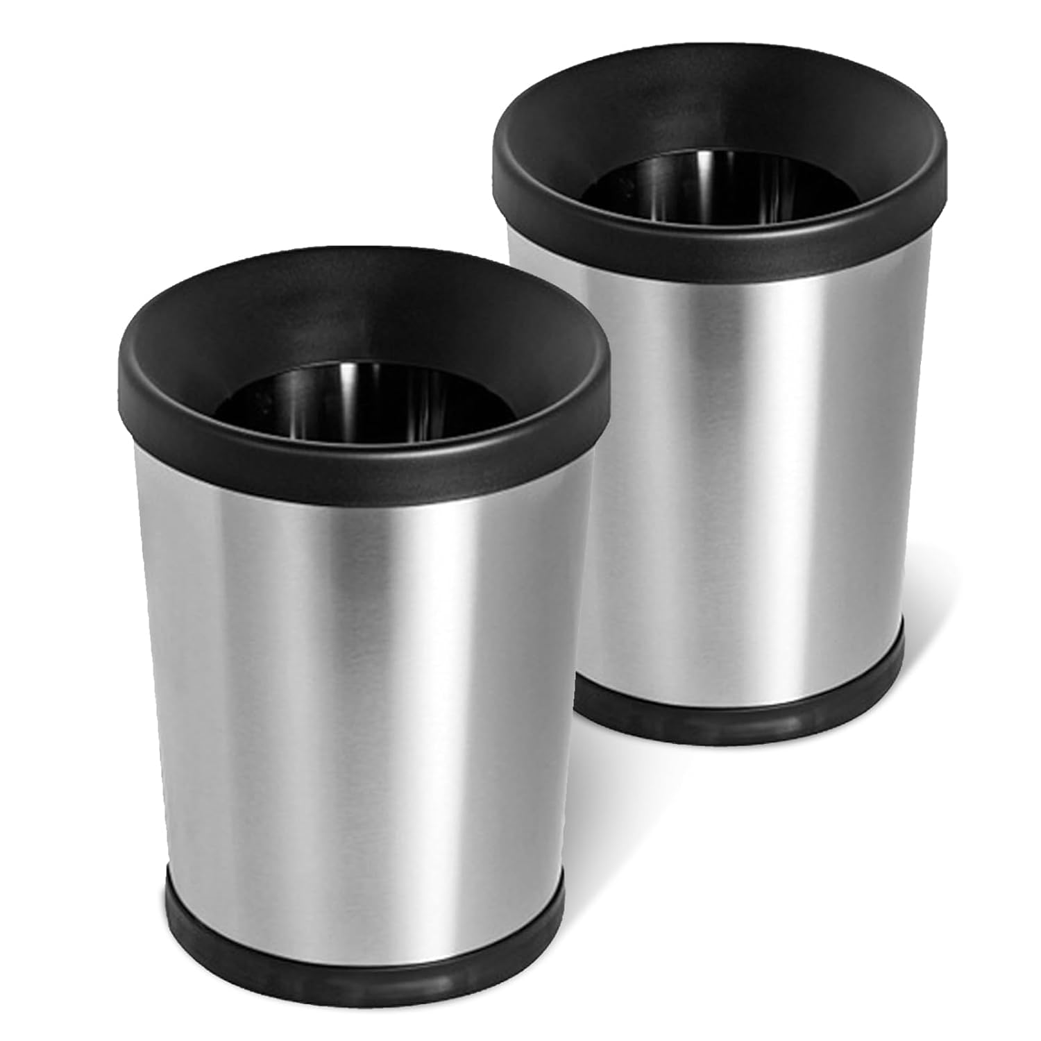 12 L / 3 Gallon Stainless Steel Trash Can, Round Small Metal Trash Can 2 Pack, No Lid, 8.5" x 10" x 12", Modern Garbage Can Open Top, Silver Bathroom Trash Can for Kitchen, Bedroom, Home Office