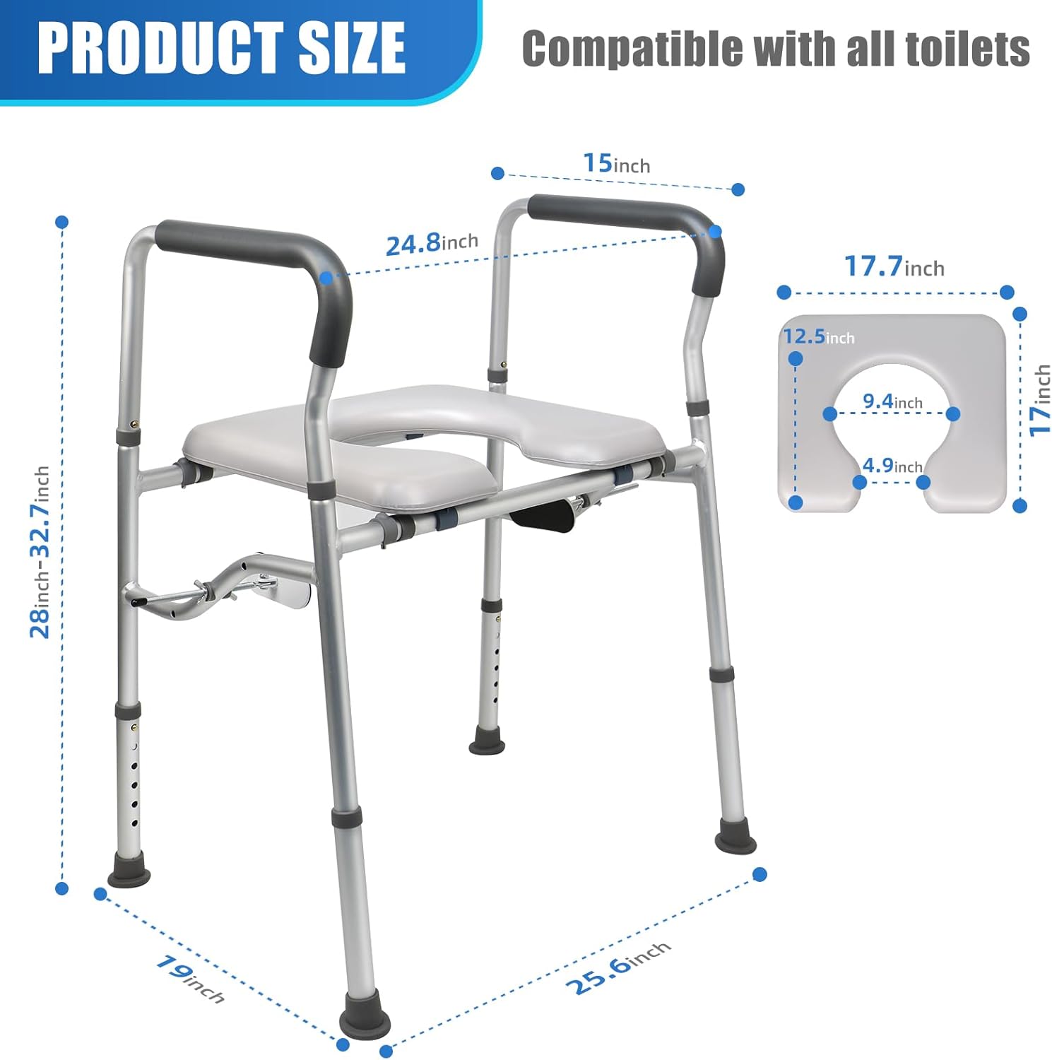 High Toilet Seat for Seniors,   with Side Fixture,  Toilet Chair, Heavy Duty Toilet Chair with Adjustable Clamps, Fit All Toilet, Load-Bearing 440 Pounds