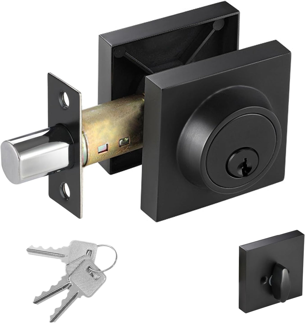 Square Single Cylinder Deadbolt, Modern Deadbolt Lock with Keys, Door Locks with Deadbolt, Matte Black Deadbolt for Front Door Entrance, Front Door Security Lock, Keyed 1 Side