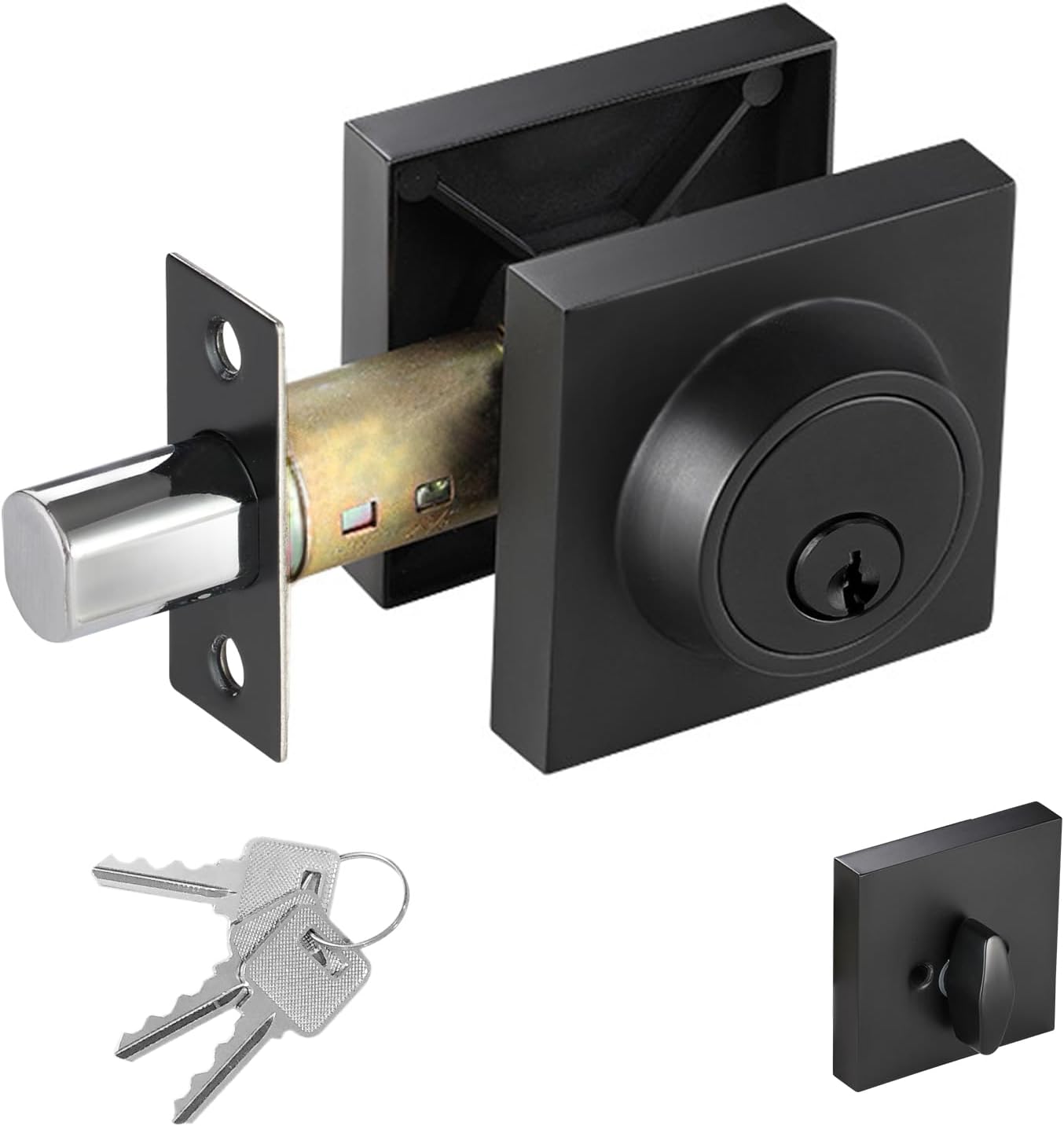Square Single Cylinder Deadbolt, Modern Deadbolt Lock with Keys, Door Locks with Deadbolt, Matte Black Deadbolt for Front Door Entrance, Front Door Security Lock, Keyed 1 Side