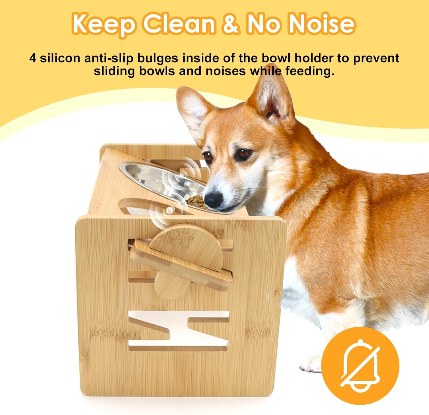 Elevated Dog Bowls for Small Dogs and Cats, Fluff Trough Adjustable Dog Bowls Stand 6 Heights 2" to 7", 15° Tilted Bamboo Dog Dishes, Wooden Dog Bowls Elevated with 2 Stainless Steel Bowls