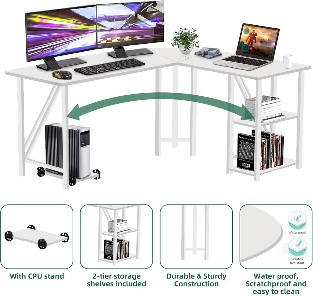 60" L Shaped Computer Desk with Shelves, Coputer Tower Stand, Rounded Corner - Reversible Office Desk with Storage Rack, Large Home Office Desk, L Desk for Home Office, White