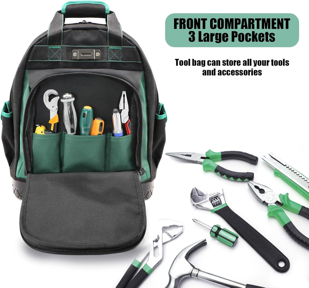 Electrician Tool Backpack, Tool backpack for Men, Construction Tool Bag Backpack Heavy Duty with Waterproof Molded Base, Work Backpack Multi-Use Pocket Black/Green