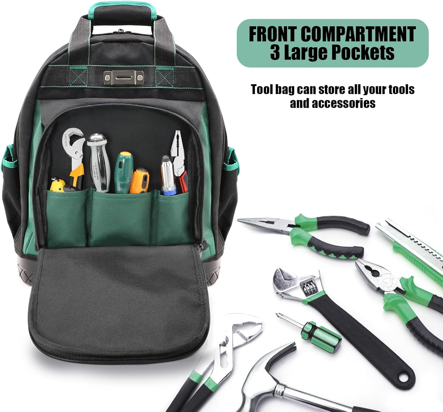 Electrician Tool Backpack, Tool backpack for Men, Construction Tool Bag Backpack Heavy Duty with Waterproof Molded Base, Work Backpack Multi-Use Pocket Black/Green
