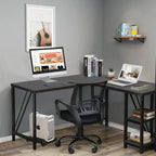 60" L Shaped Computer Desk with Tower Stand on 4 Wheels, Shelves, Rounded Corner, L Desk for Home Office, Black