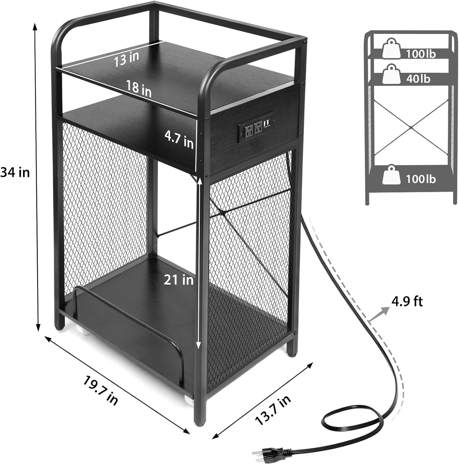 3-Tier Printer Stand with Pull out Shelf for Shredder,20" L x 14" W x 34" H Floor-Standing Desk Side Shredder Stand,Printer Stand with Storage and Power Outlet,Office Storage Shelf Rack for Fax