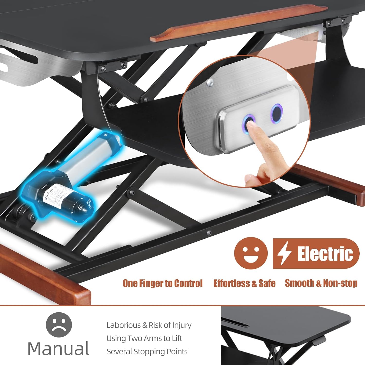 26 Inch Electric Standing Desk Converter with Tilting Tabletop, Height Adjustable Sit to Stand Desk Riser with Keyboard Tray, Small Computer Workstation with Elegant Side Cover and Wooden Bars