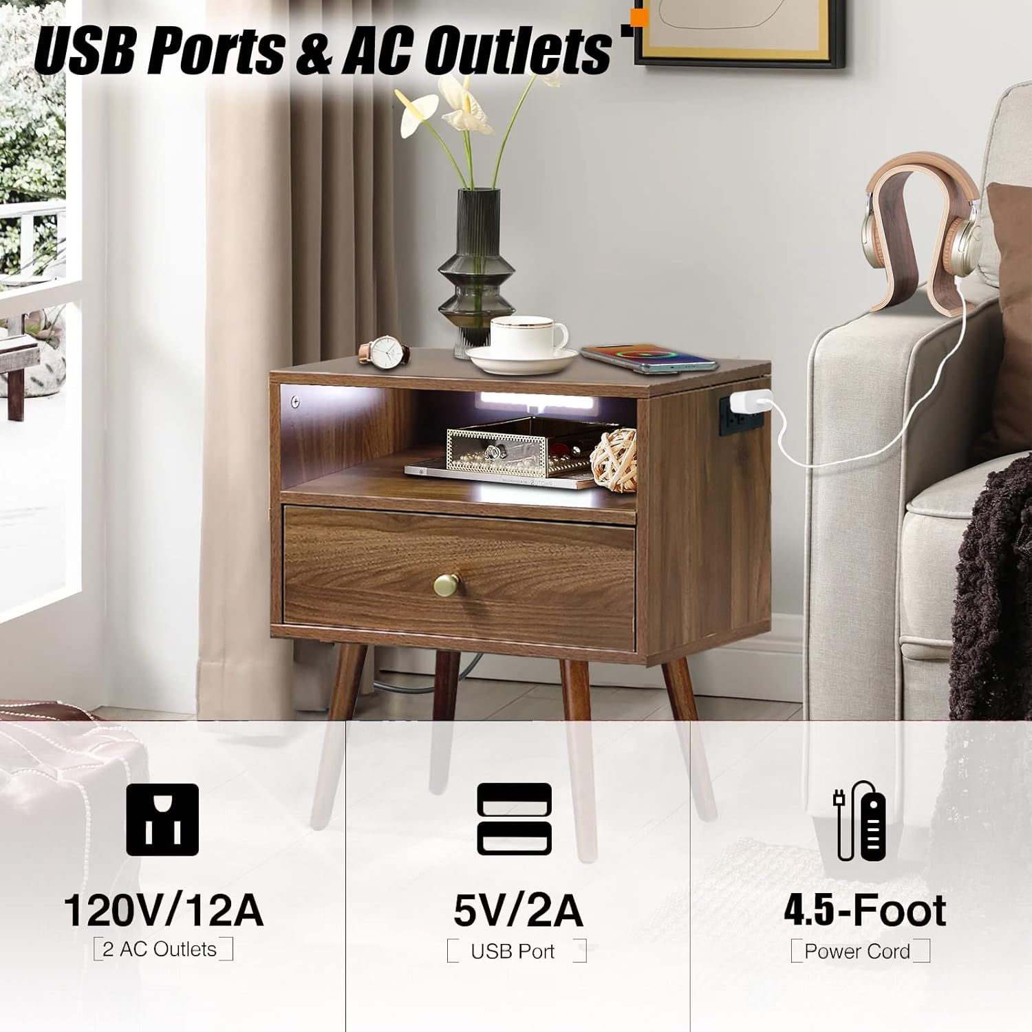Wood Nightstand with Outlet on Right - 20" W x 14" D x 24" H End Table with Led Light and Wireless Charger, Wide Bedside Table with 1 Drawer, Mid Century Modern Nightstand, Dark Walnut