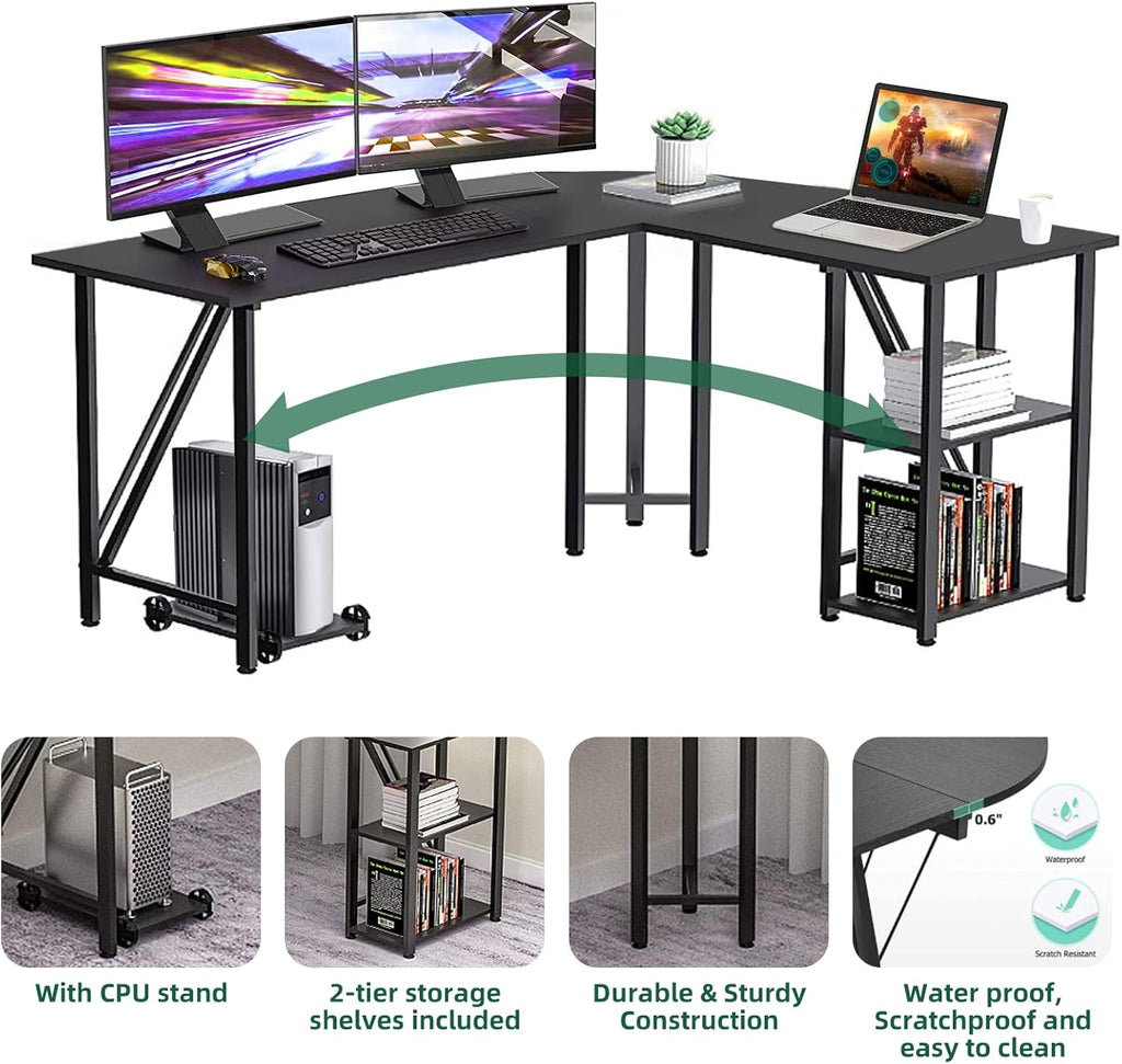 60" L Shaped Computer Desk with Tower Stand on 4 Wheels, Shelves, Rounded Corner, L Desk for Home Office, Black
