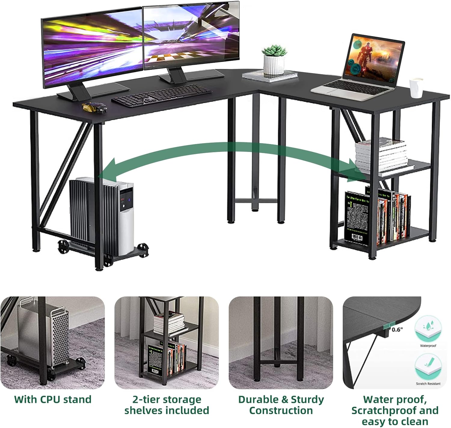 60" L Shaped Computer Desk with Tower Stand on 4 Wheels, Shelves, Rounded Corner, L Desk for Home Office, Black