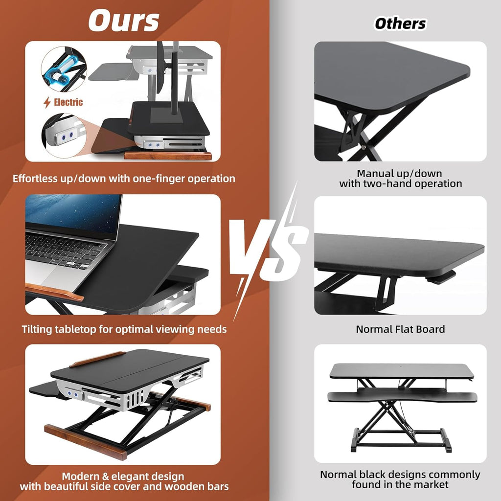 26 Inch Electric Standing Desk Converter with Tilting Tabletop, Height Adjustable Sit to Stand Desk Riser with Keyboard Tray, Small Computer Workstation with Elegant Side Cover and Wooden Bars
