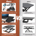 26 Inch Electric Standing Desk Converter with Tilting Tabletop, Height Adjustable Sit to Stand Desk Riser with Keyboard Tray, Small Computer Workstation with Elegant Side Cover and Wooden Bars