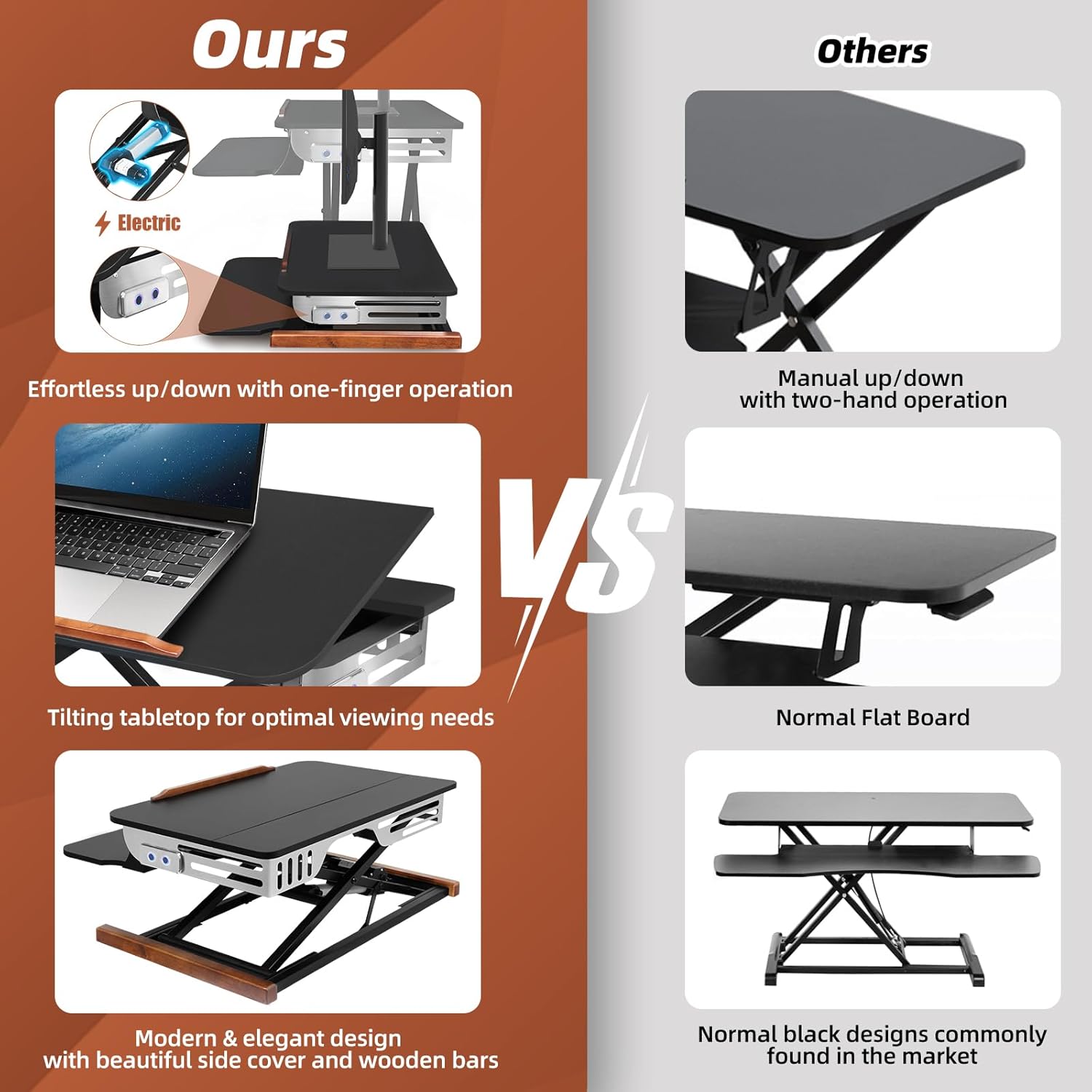 26 Inch Electric Standing Desk Converter with Tilting Tabletop, Height Adjustable Sit to Stand Desk Riser with Keyboard Tray, Small Computer Workstation with Elegant Side Cover and Wooden Bars
