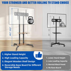 Dual-Pole Rolling Height Adjustable Floor TV Stand with Two Wooden Storage Shelves, Portable TV Cart with Max VESA 600x400mm