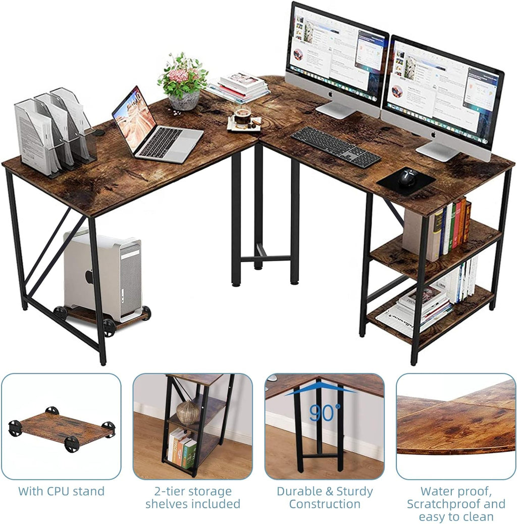 60" L Shaped Computer Desk with Shelves, Coputer Tower Stand, Rounded Corner - Reversible Office Desk with Storage Rack, Large Home Office Desk, L Desk for Home Office, Brown
