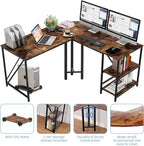60" L Shaped Computer Desk with Shelves, Coputer Tower Stand, Rounded Corner - Reversible Office Desk with Storage Rack, Large Home Office Desk, L Desk for Home Office, Brown