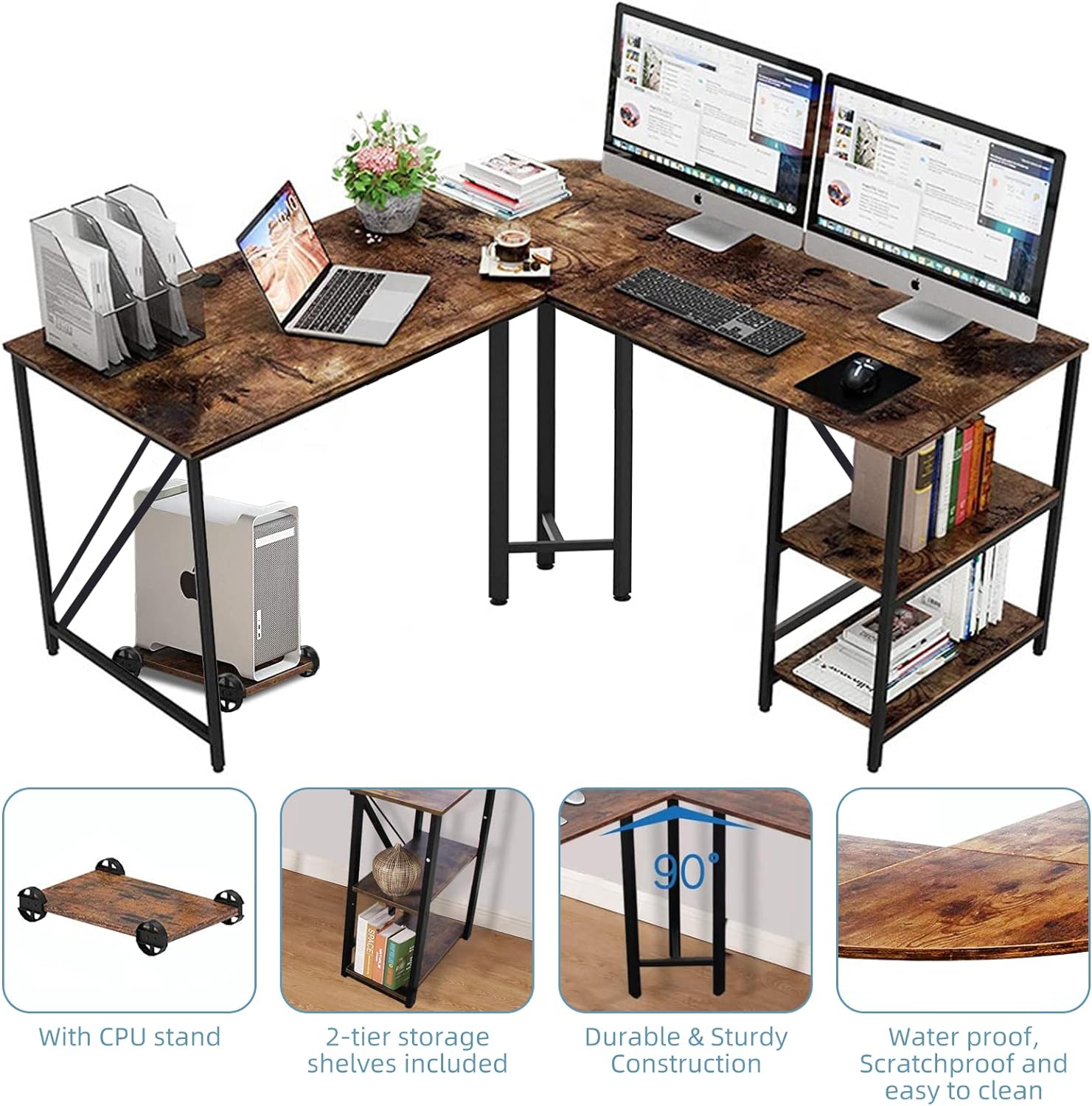 60" L Shaped Computer Desk with Shelves, Coputer Tower Stand, Rounded Corner - Reversible Office Desk with Storage Rack, Large Home Office Desk, L Desk for Home Office, Brown