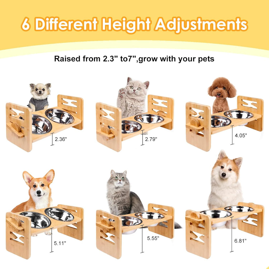 Elevated Dog Bowls for Small Dogs and Cats, Fluff Trough Adjustable Dog Bowls Stand 6 Heights 2" to 7", 15° Tilted Bamboo Dog Dishes, Wooden Dog Bowls Elevated with 2 Stainless Steel Bowls