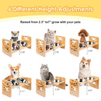 Elevated Dog Bowls for Small Dogs and Cats, Fluff Trough Adjustable Dog Bowls Stand 6 Heights 2" to 7", 15° Tilted Bamboo Dog Dishes, Wooden Dog Bowls Elevated with 2 Stainless Steel Bowls